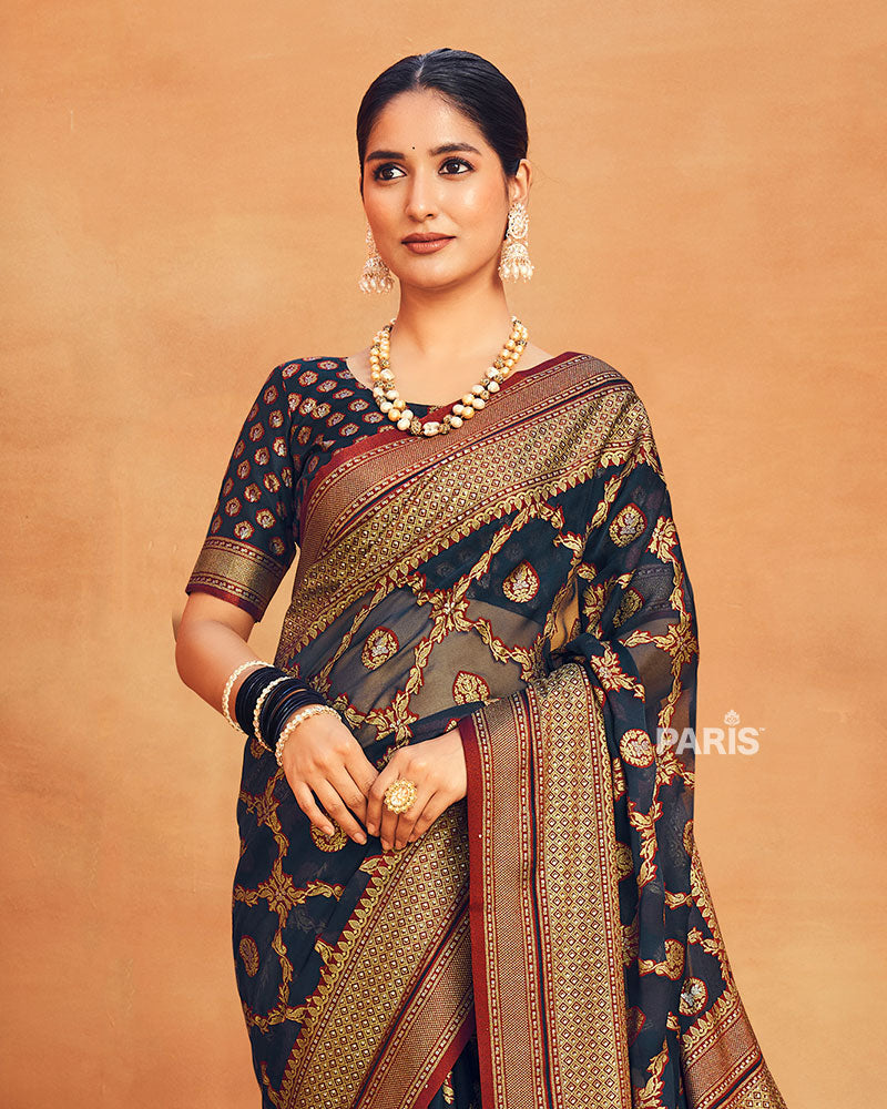 Navy Blue Printed Georgette Saree and Unstitched Blouse