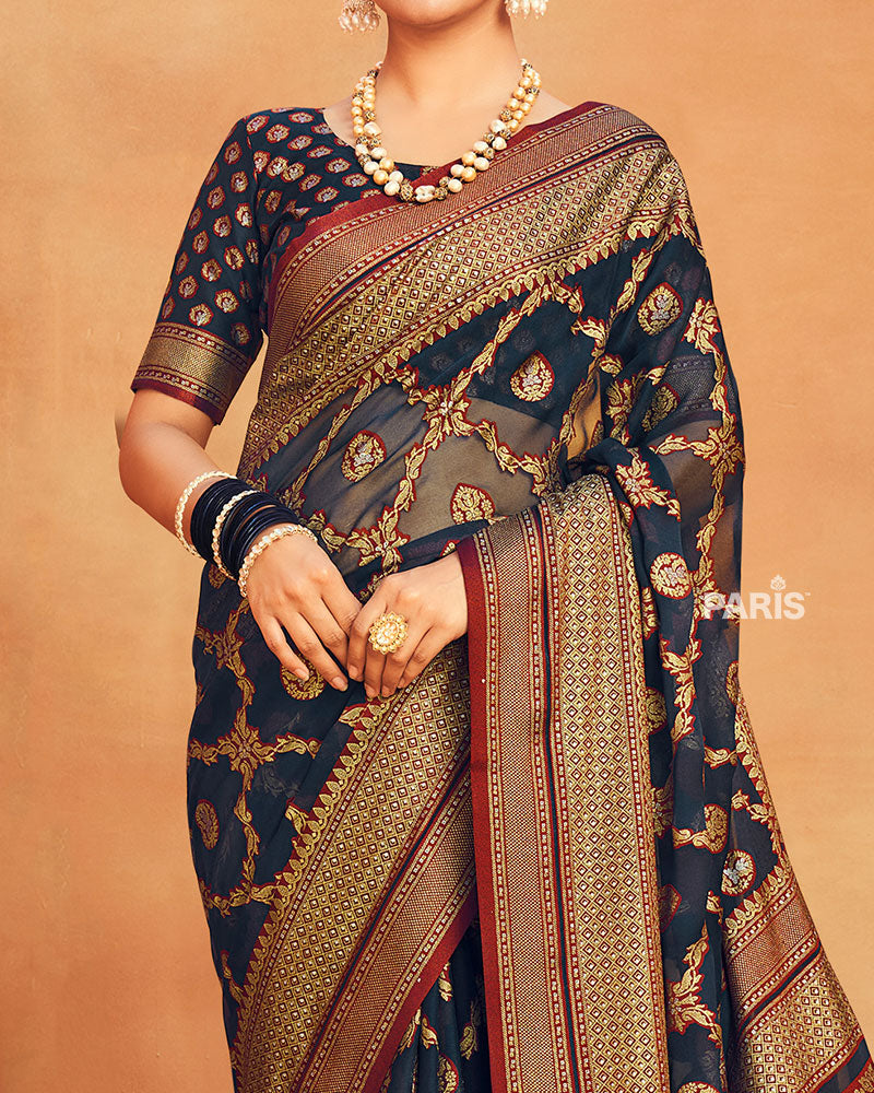 Navy Blue Printed Georgette Saree with Gold Border