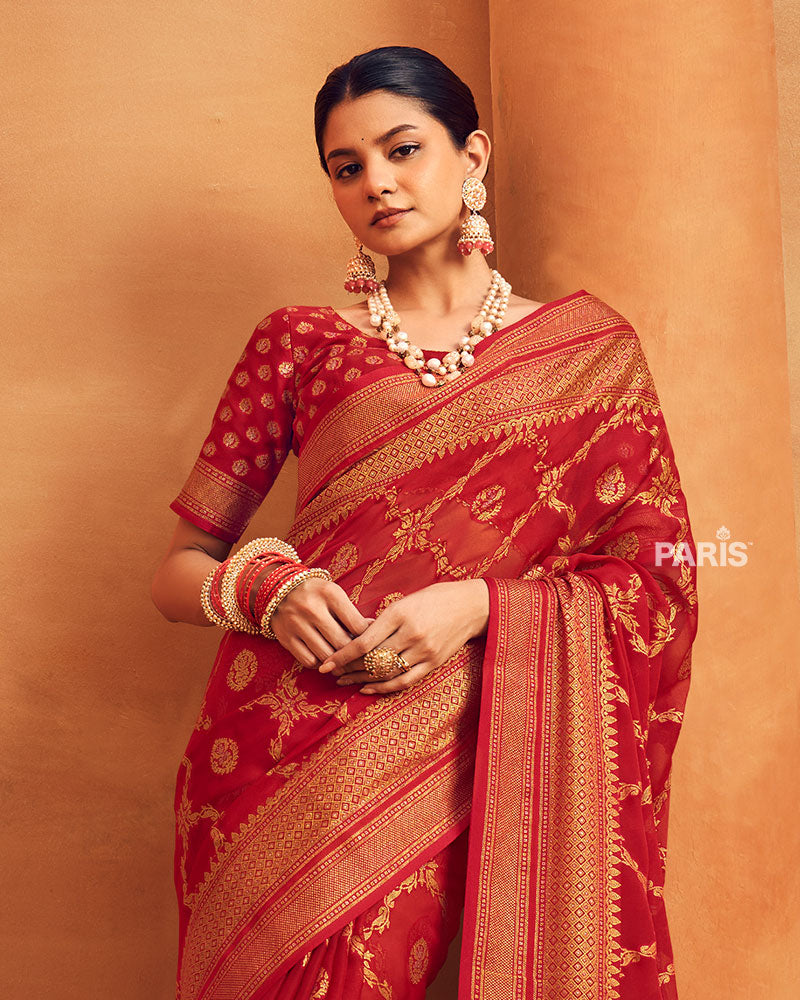 Red Printed Georgette Saree and Unstitched Blouse