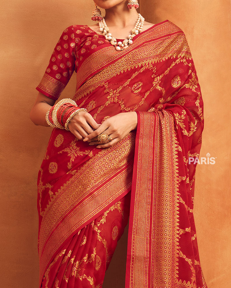 Red Printed Georgette Saree with Golden Border
