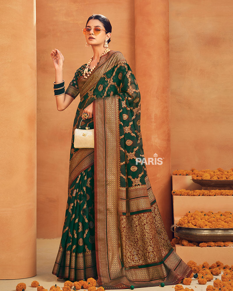 Teal and Olive Green Block Print Georgette Saree and Unstitched Blouse