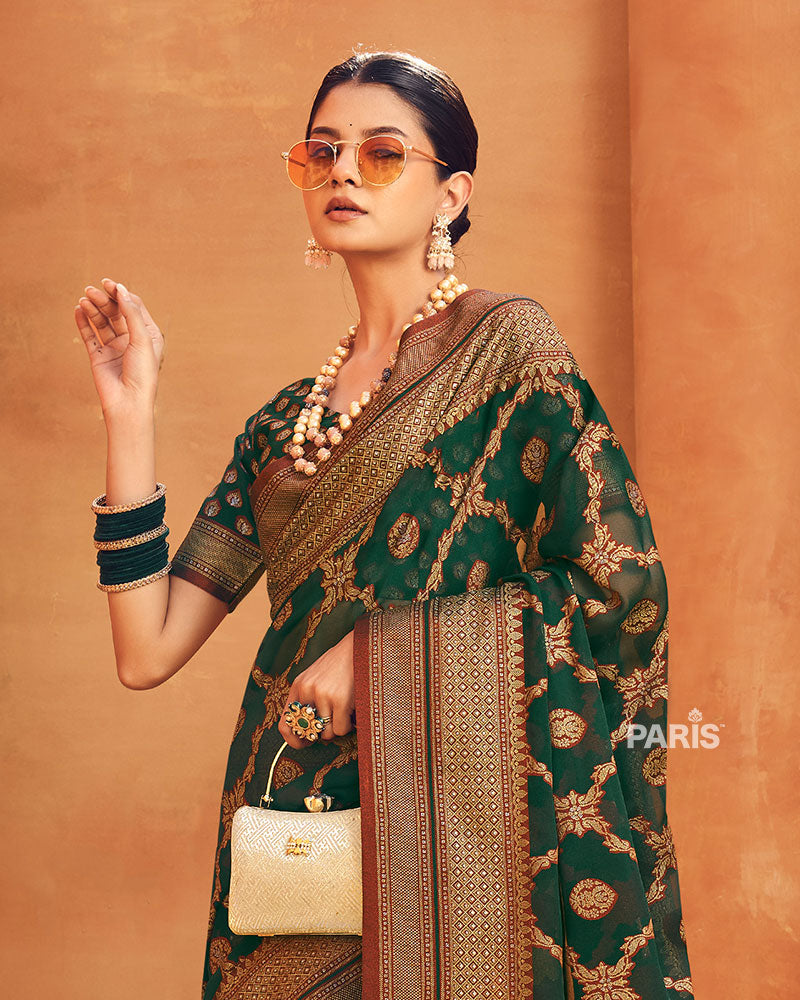 Teal and Olive Green Block Print Georgette Saree and Unstitched Blouse