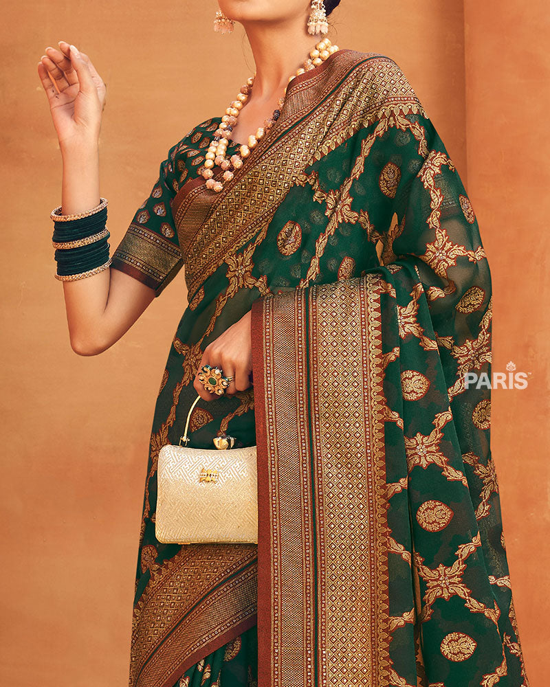 Teal & Olive Green Block Print Georgette Saree