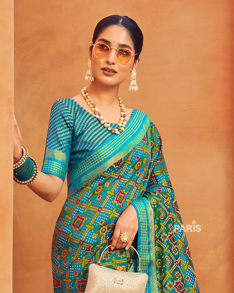 Green Printed Georgette Saree and Unstitched Blouse