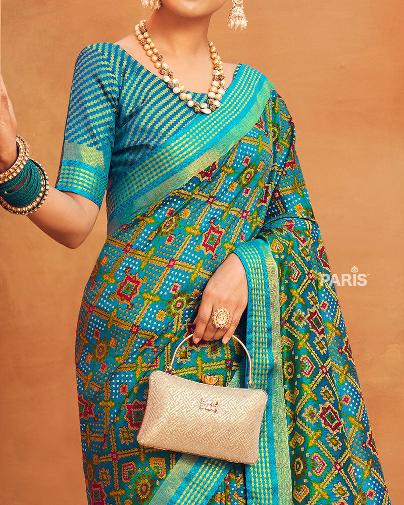 Green Printed Georgette Saree with Golden Border