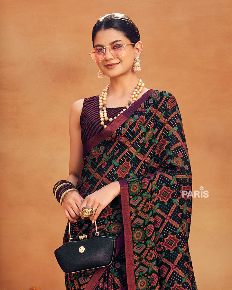 Maroon and Black Printed Georgette Saree and Unstitched Blouse