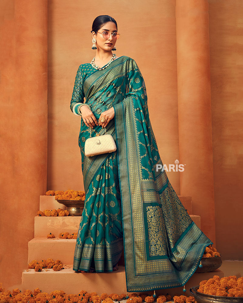 Peacock Blue Printed Georgette Saree and Unstitched Blouse