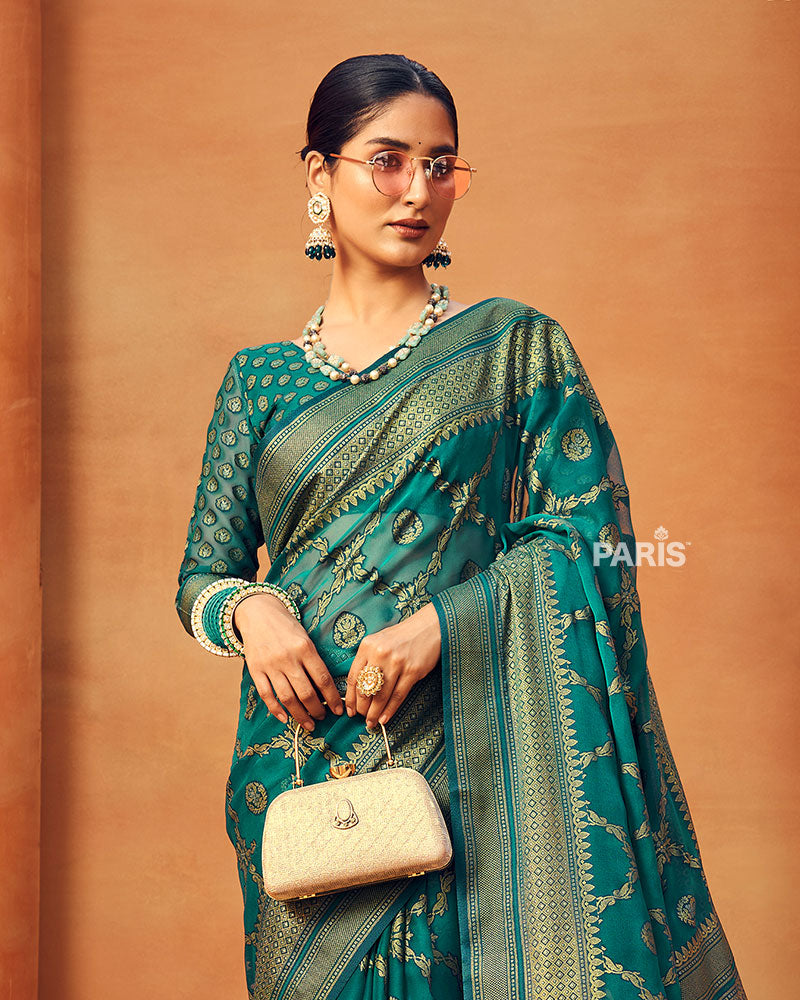 Peacock Blue Printed Georgette Saree and Unstitched Blouse