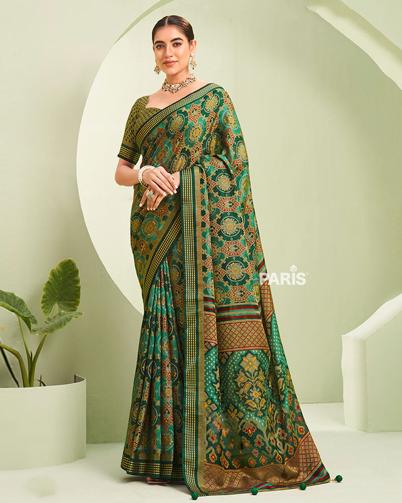 Teal and Green Floral Pattern Georgette Saree with Unstitched Blouse