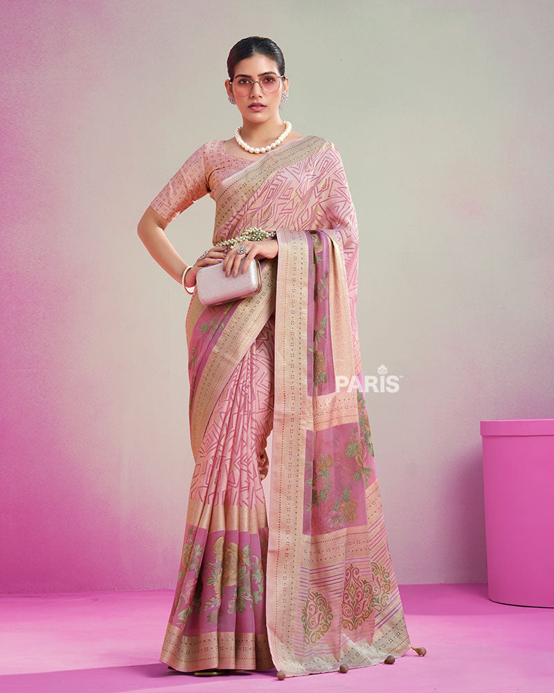 Blush Pink Printed Saree with Unstitched Blouse