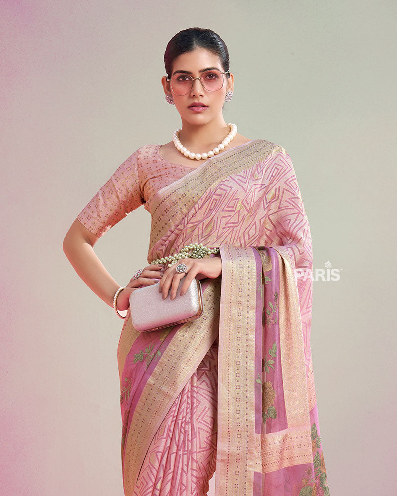 Blush Pink Printed Saree with Unstitched Blouse