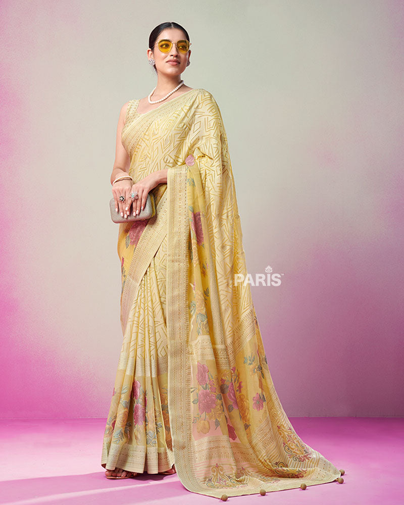 Light Yellow Printed Saree with Unstitched Blouse