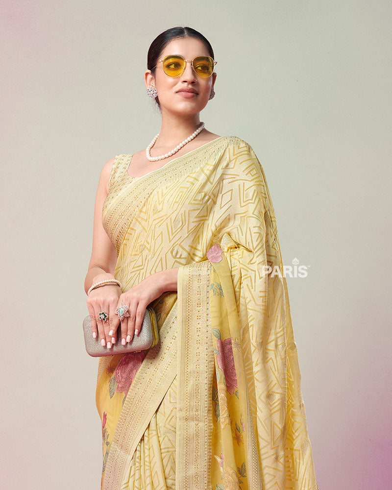 Light Yellow Printed Saree with Unstitched Blouse