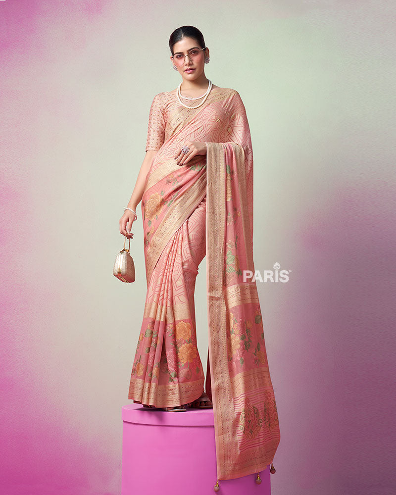 Peach Printed Saree with Unstitched Blouse