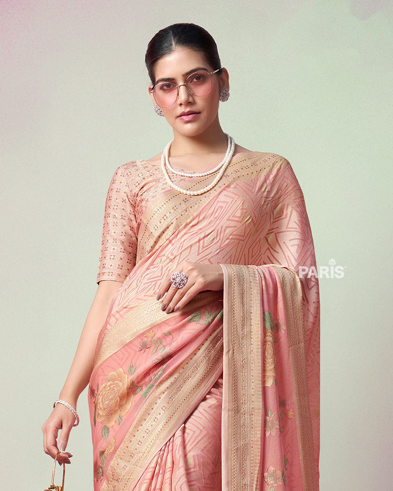 Peach Printed Saree with Unstitched Blouse