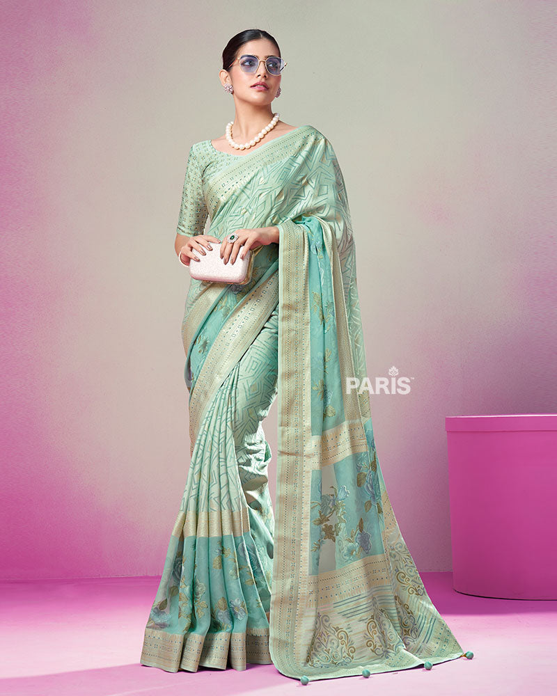 Mint Green Printed Saree with Unstitched Blouse