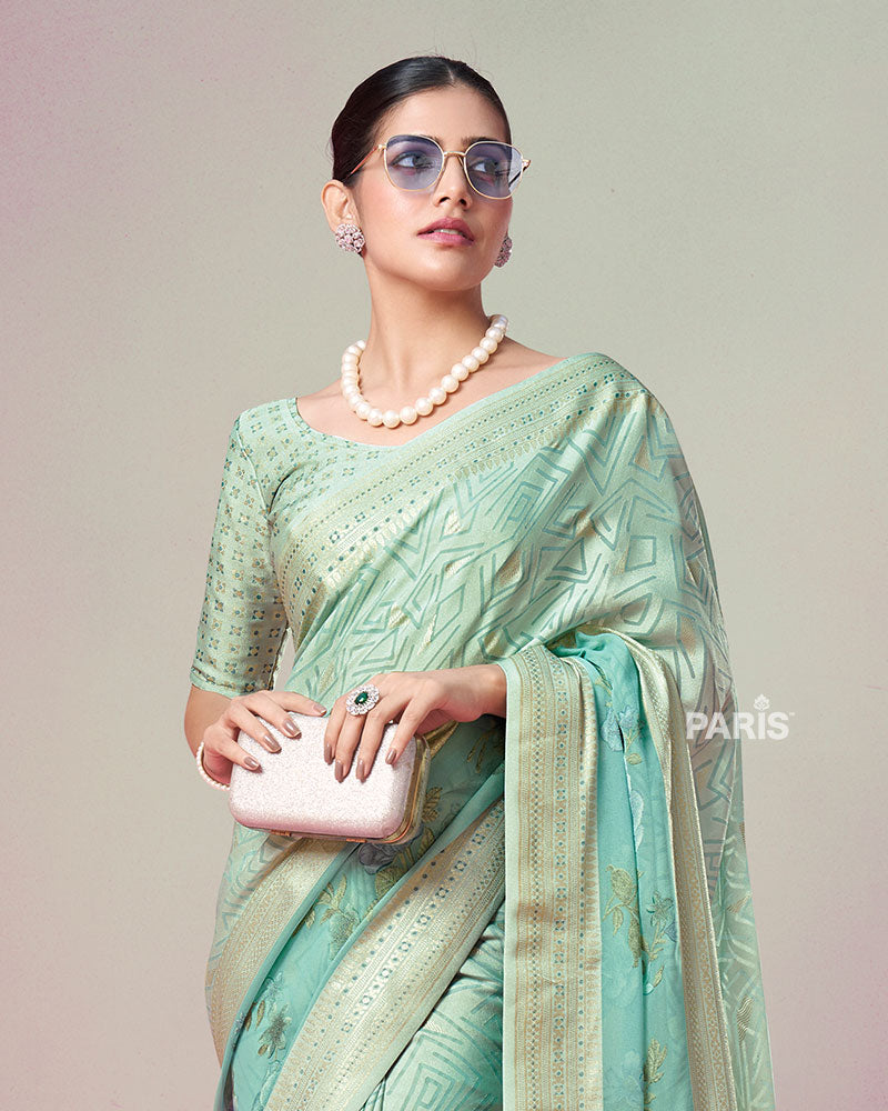 Mint Green Printed Saree with Unstitched Blouse