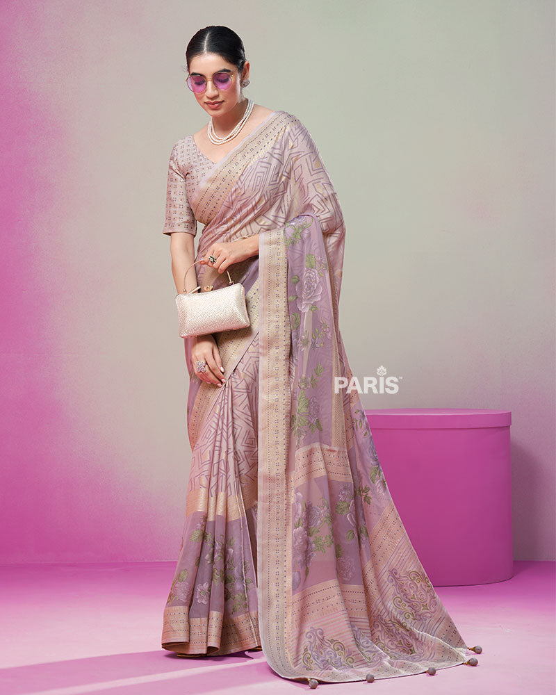 Mauve Printed Saree with Unstitched Blouse