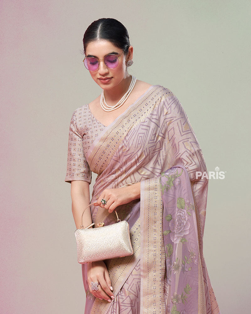 Mauve Printed Saree with Unstitched Blouse