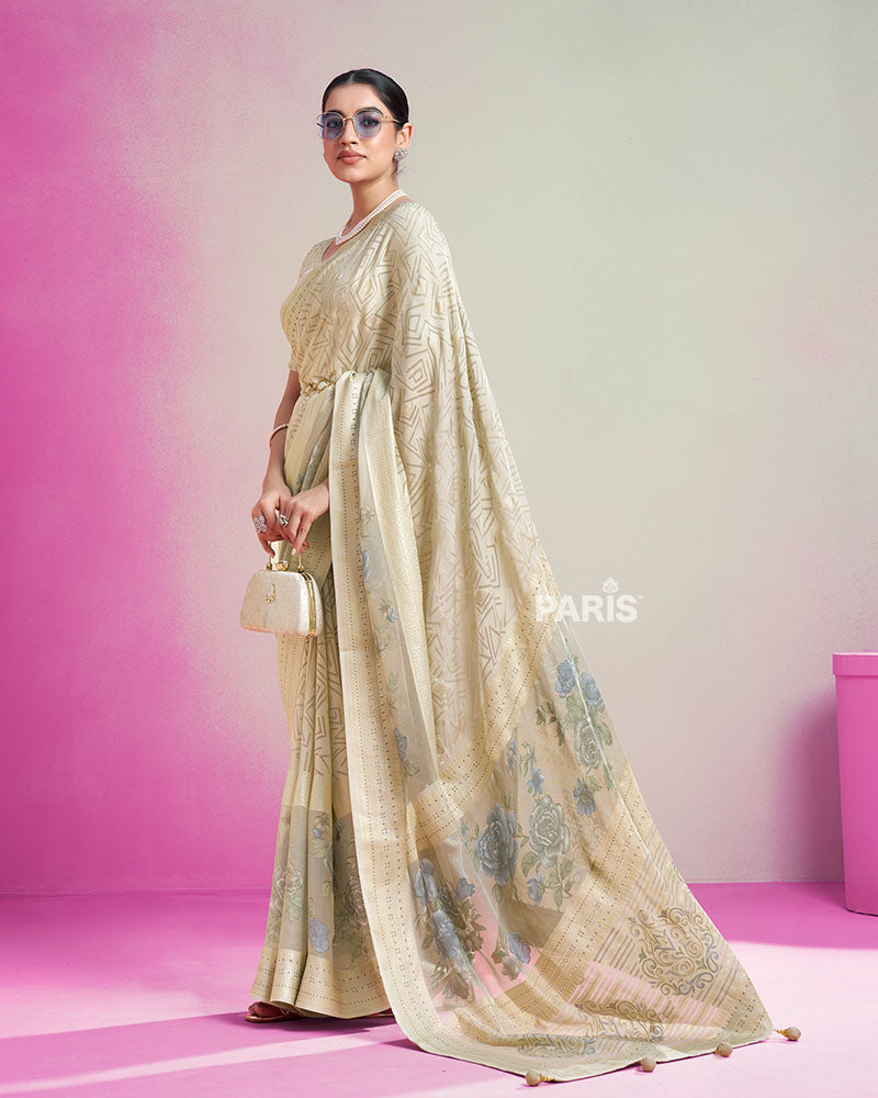 Bige with Pastel Printed Saree with Unstitched Blouse