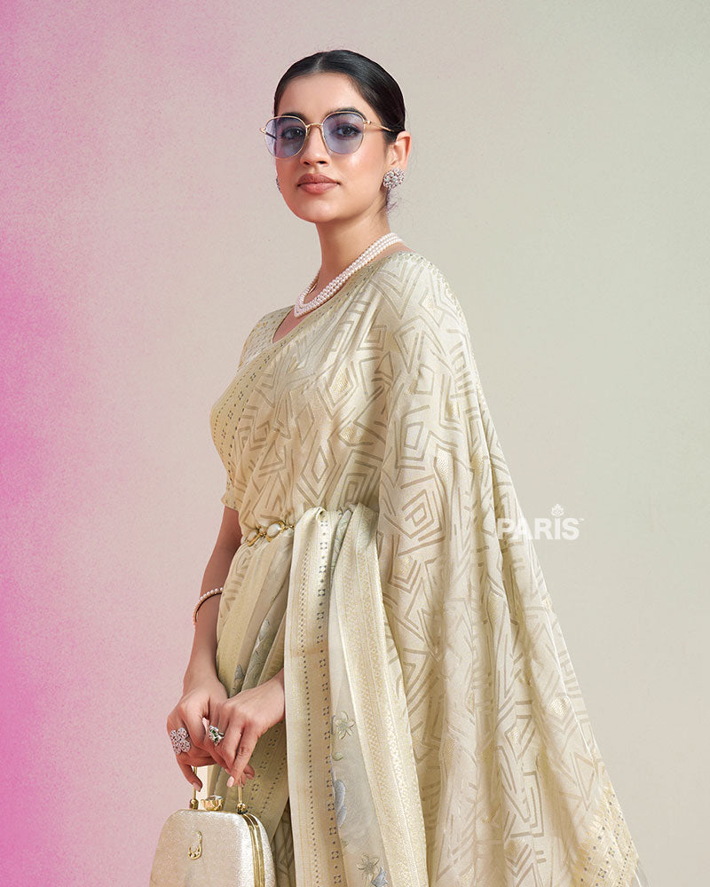 Bige with Pastel Printed Saree with Unstitched Blouse