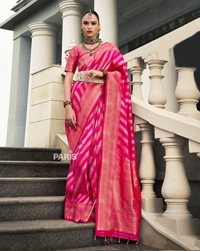 Hot Pink Banarasi Silk Saree with Golden Zari Motifs