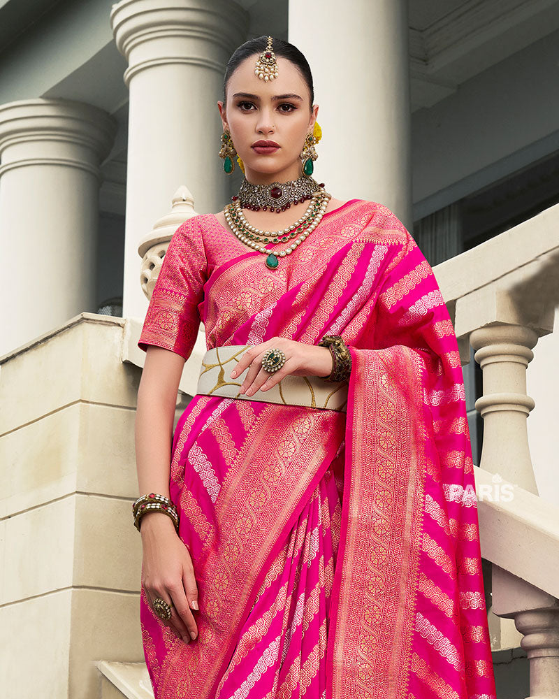 Hot Pink Banarasi Silk Saree with Golden Zari Motifs