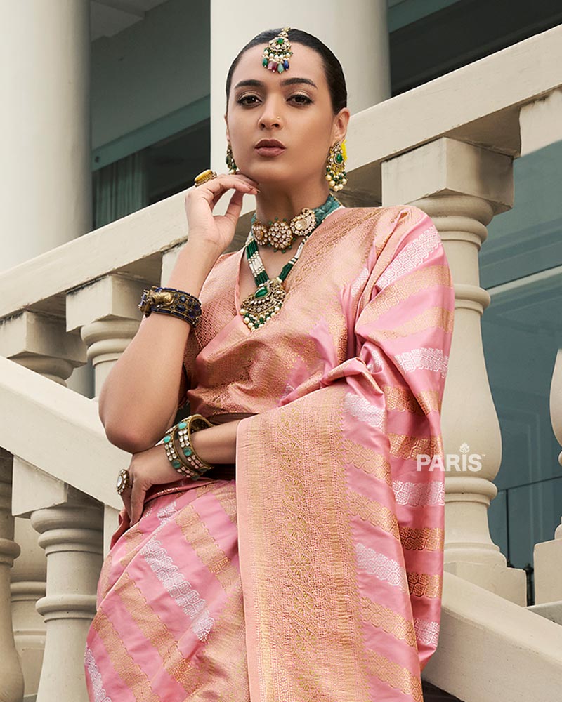 Pastel Pink Banarasi Silk Saree with Zari Weaving