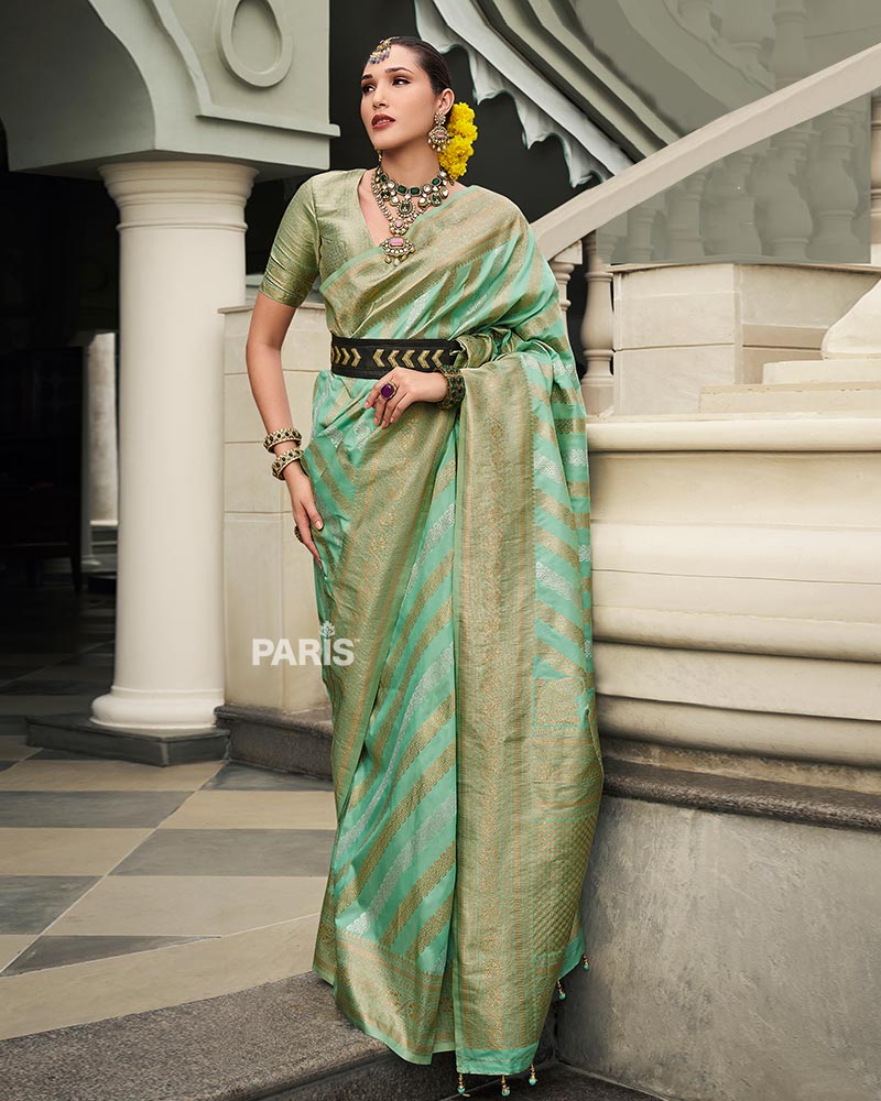 Mint Green Banarasi Silk Saree with Zari Stripes