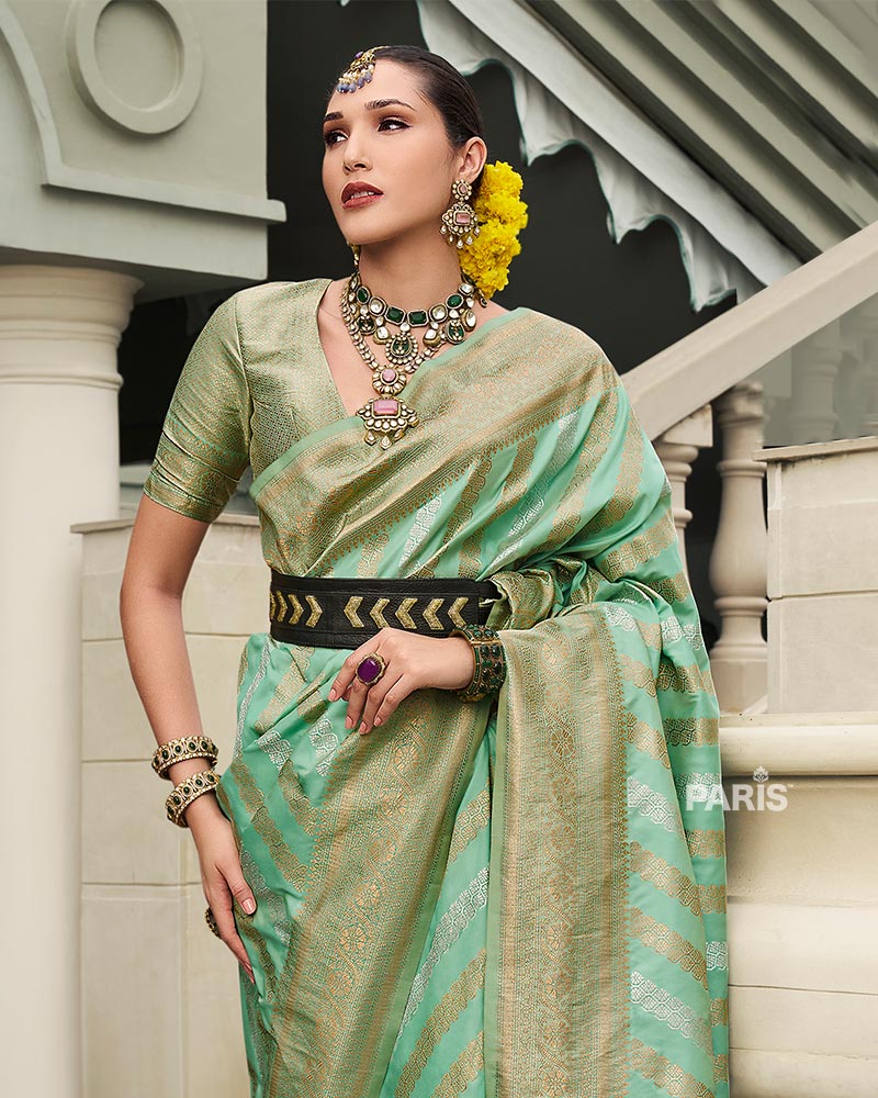 Mint Green Banarasi Silk Saree with Zari Stripes