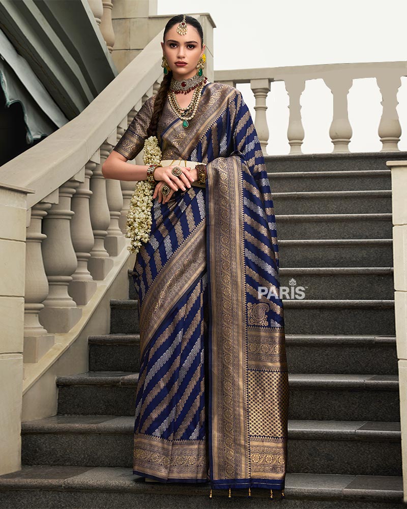Navy Blue Banarasi Silk Saree with Intricate Zari Work