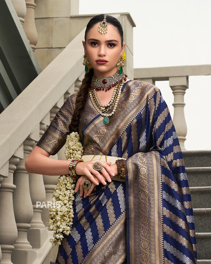 Navy Blue Banarasi Silk Saree with Intricate Zari Work