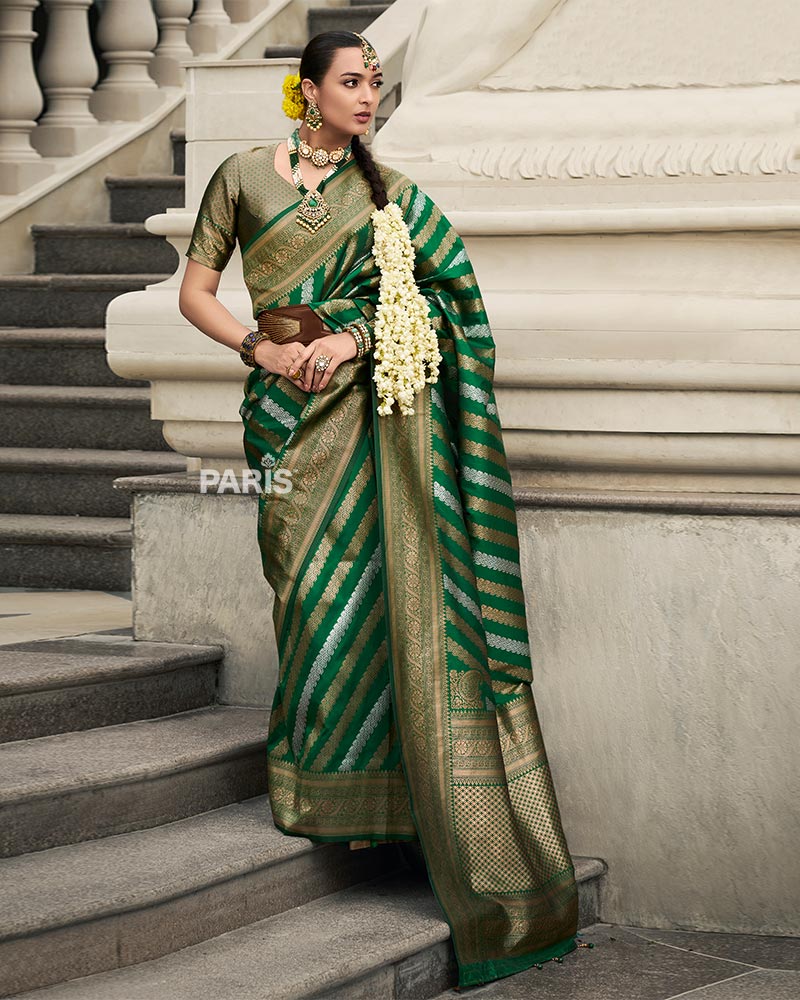 Green Banarasi Silk Saree with Gold Zari Border