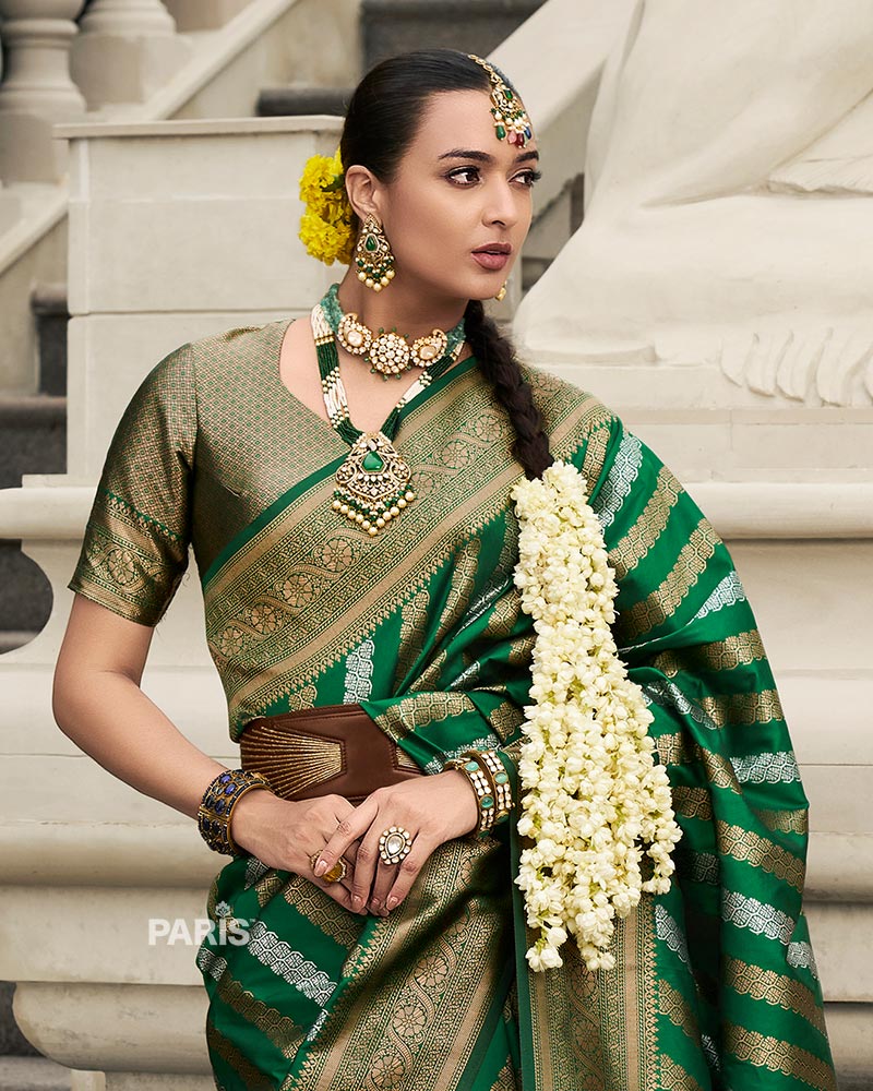 Green Banarasi Silk Saree with Gold Zari Border