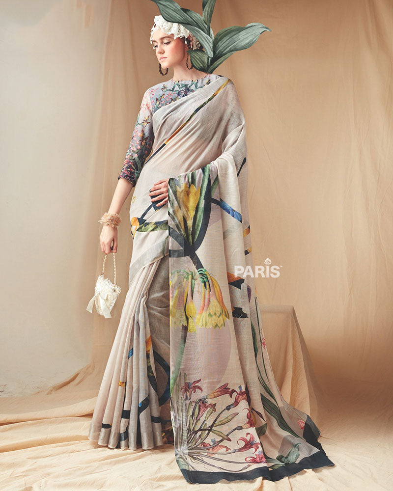 Ivory Floral Printed Saree with Unstitched Blouse