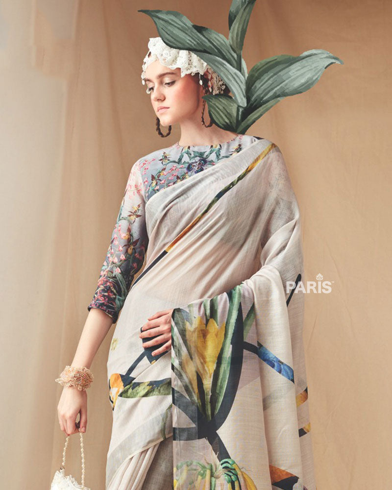 Ivory Floral Printed Saree with Unstitched Blouse