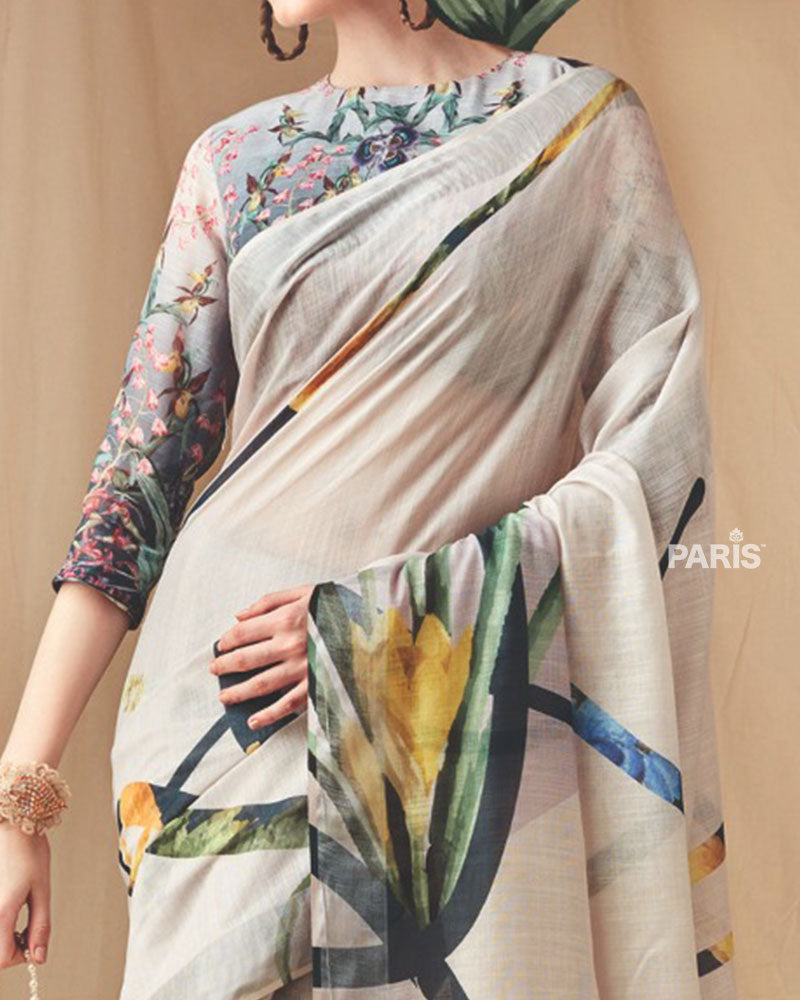 Ivory Floral Printed Saree with Unstitched Blouse