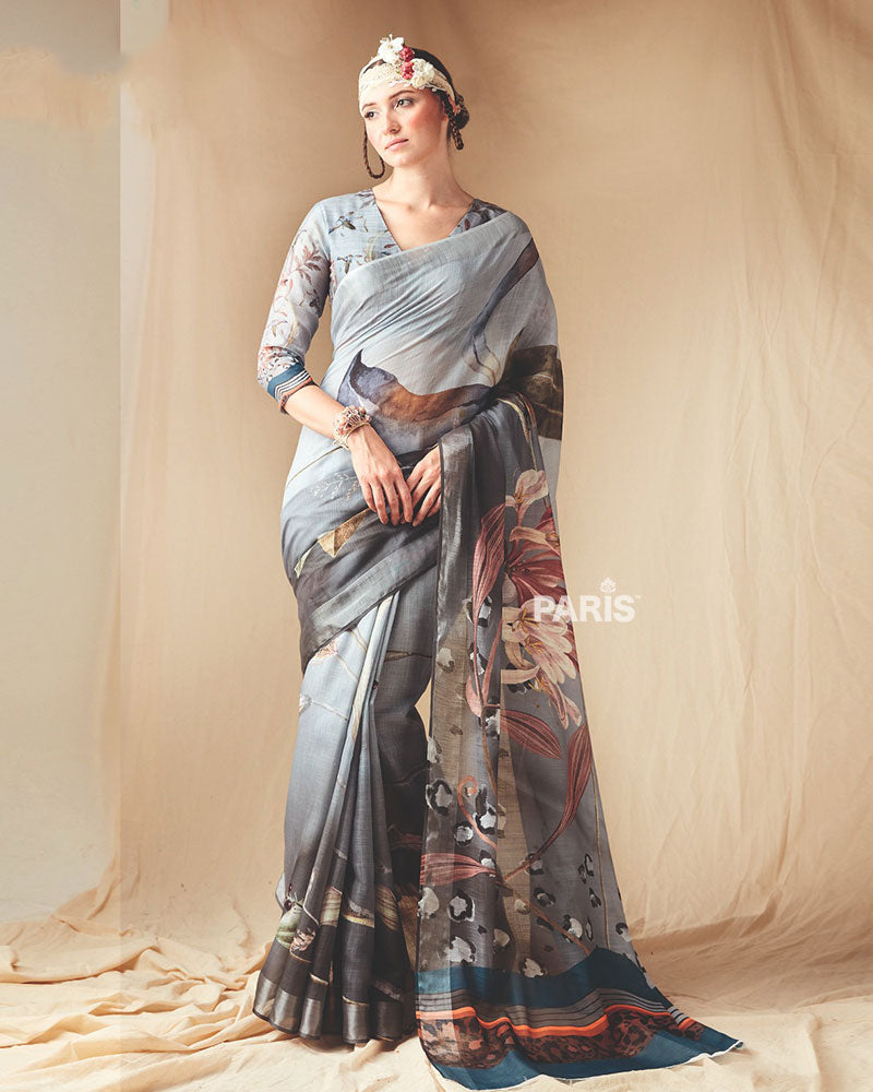 Smoky Grey Abstract Printed Saree with Unstitched Blouse
