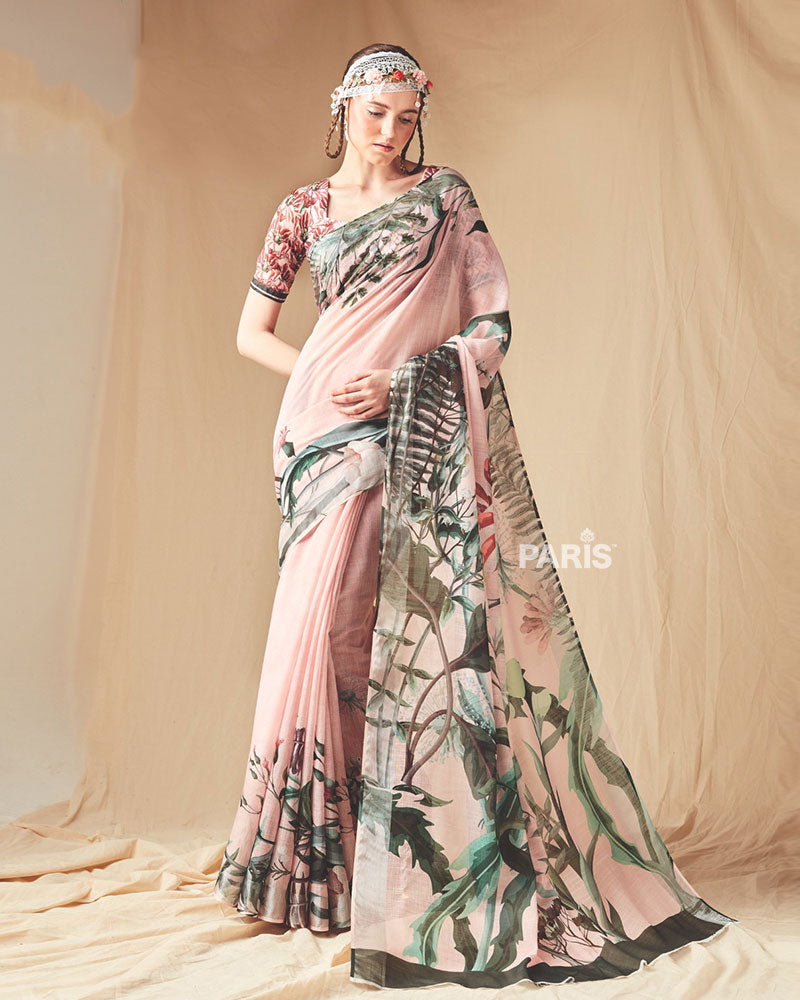 Blush Pink Abstract Printed Saree with Unstitched Blouse