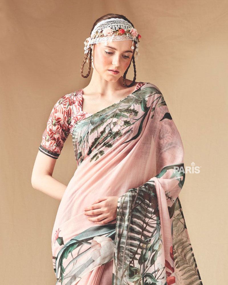 Blush Pink Abstract Printed Saree with Unstitched Blouse