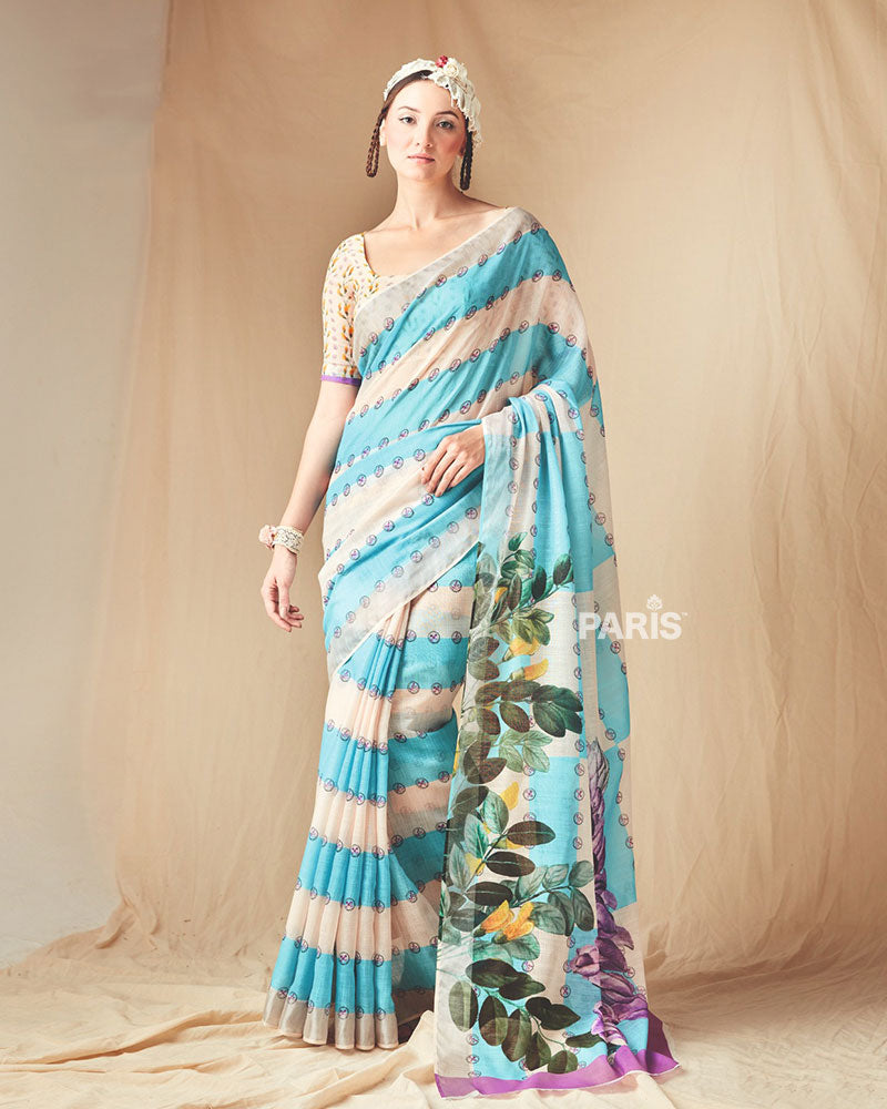 Aqua Cream Floral Striped Printed Saree with Unstitched Blouse