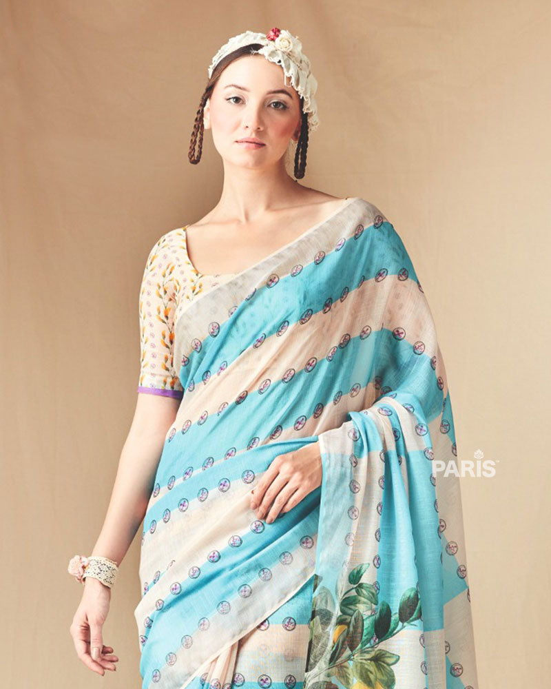 Aqua Cream Floral Striped Printed Saree with Unstitched Blouse