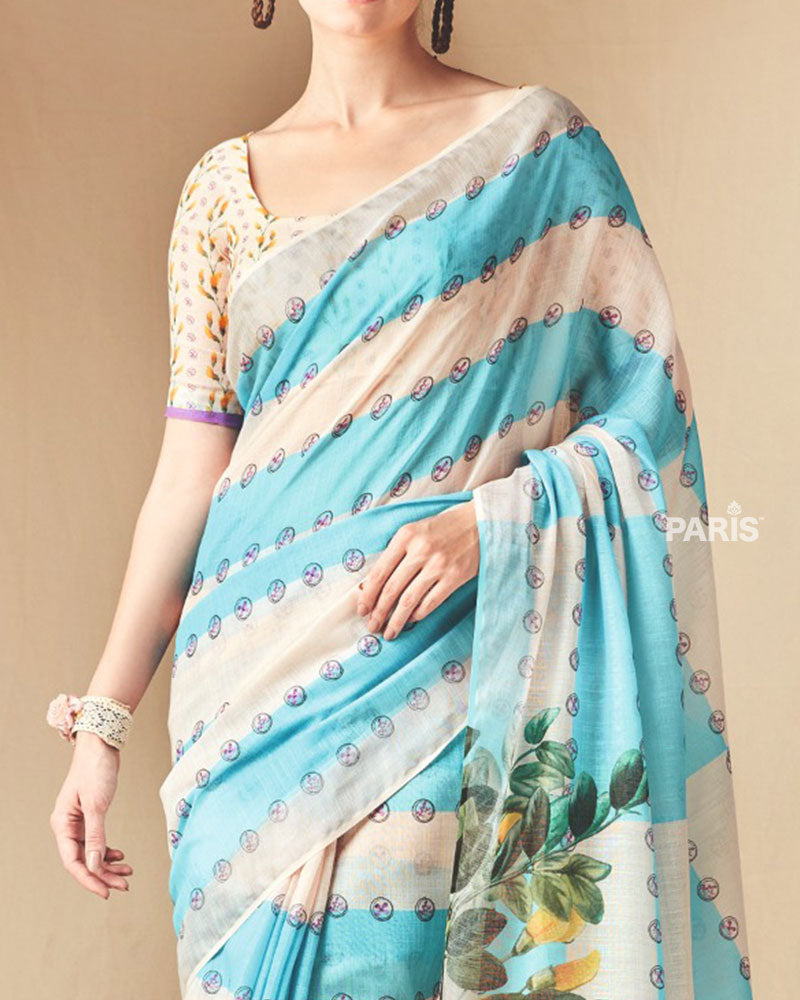 Aqua Cream Floral Striped Printed Saree with Unstitched Blouse