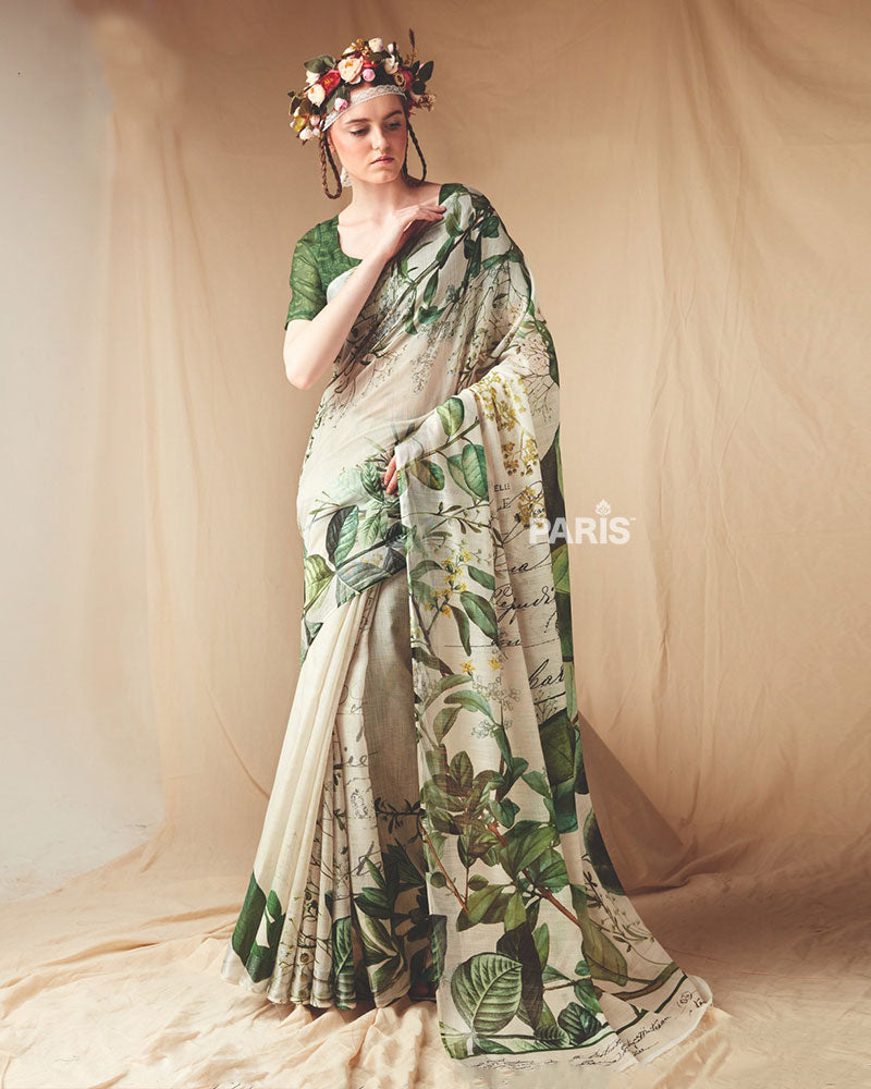 Cream and Green Floral Printed Saree with Unstitched Blouse
