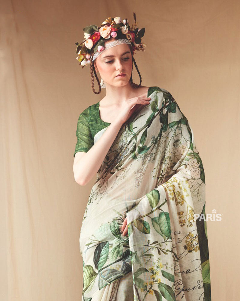 Cream and Green Floral Printed Saree with Unstitched Blouse