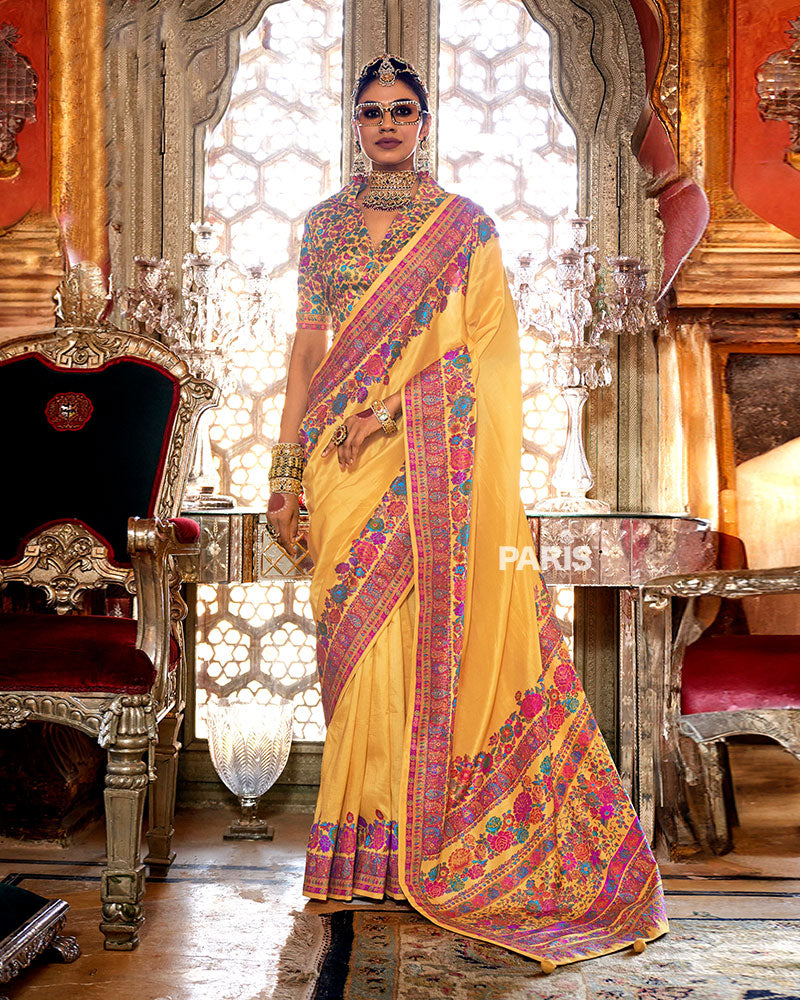 Yellow Floral Pashmina Silk Saree – Festive Floral Print Saree