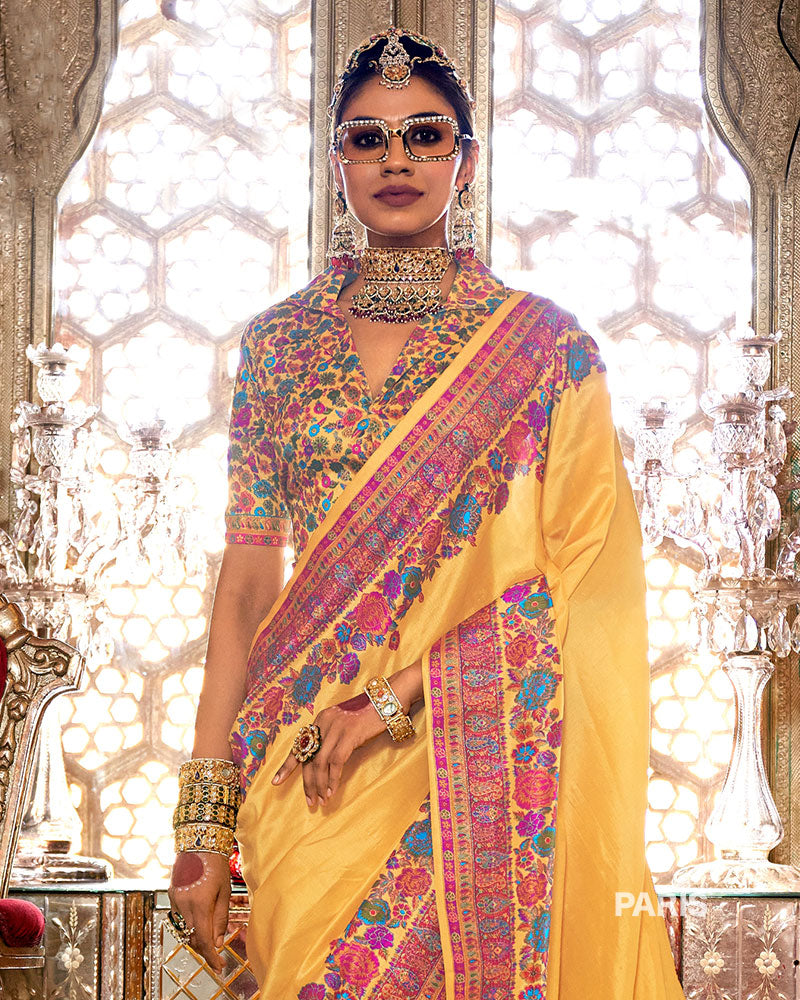 Yellow Floral Pashmina Silk Saree – Festive Floral Print Saree