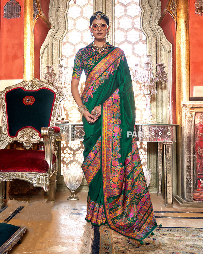 Green Floral Pashmina Silk Saree – Designer Floral Print Saree