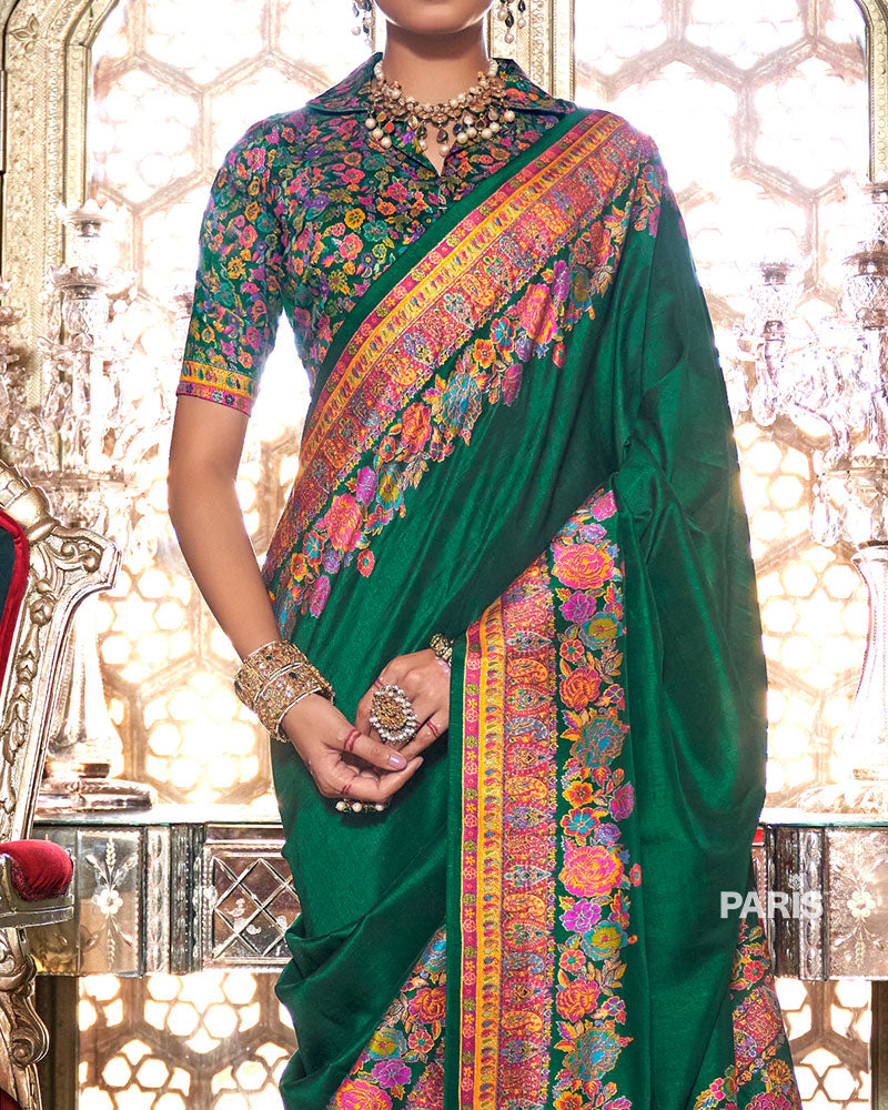 Green Floral Pashmina Silk Saree – Designer Floral Print Saree