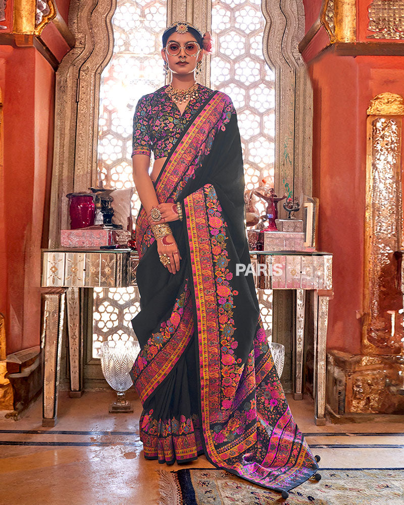Black Floral Pashmina Silk Saree – Elegant Embroidered Saree